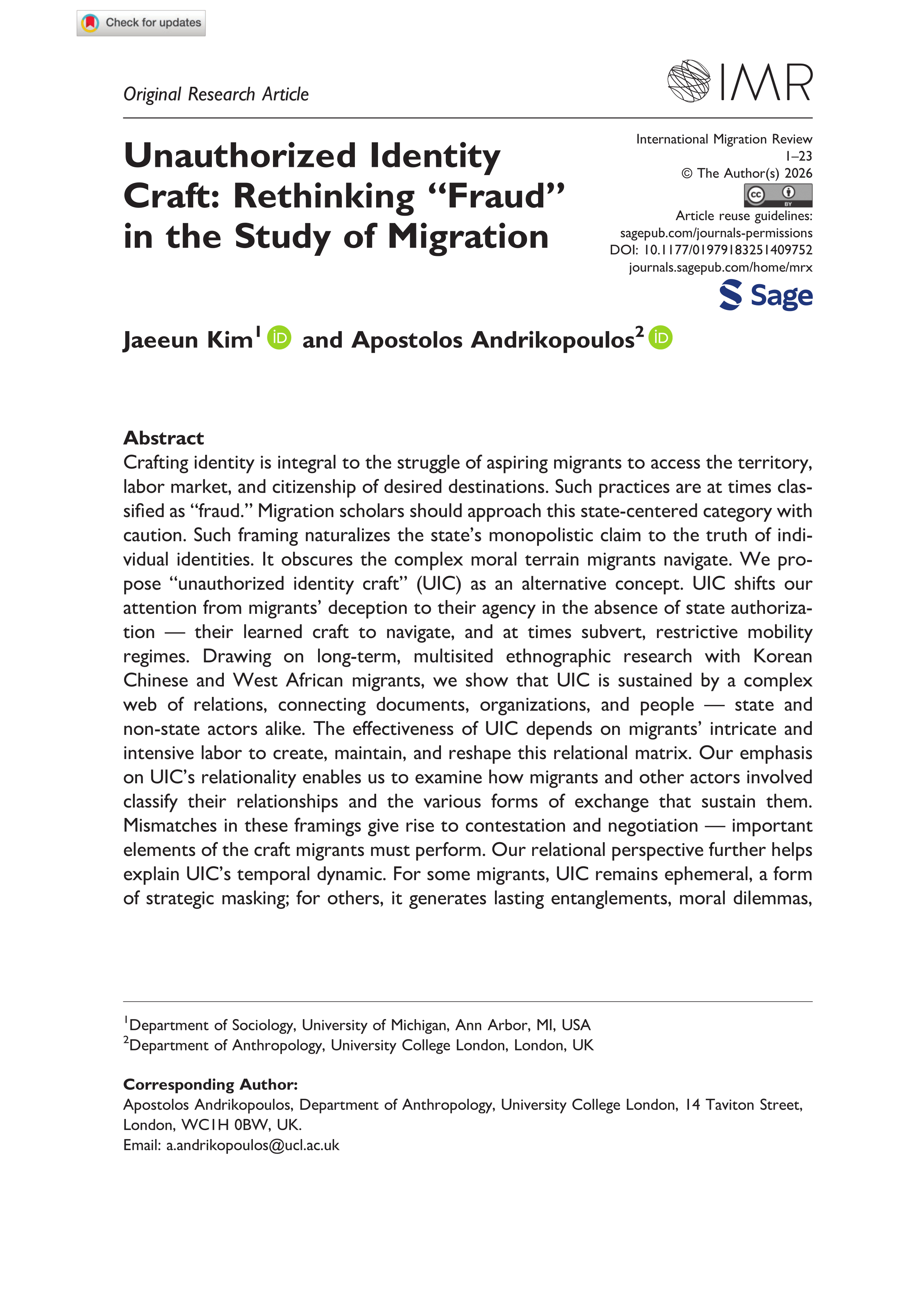 Cover von Unauthorized Identity Craft : Rethinking “Fraud” in the Study of Migration