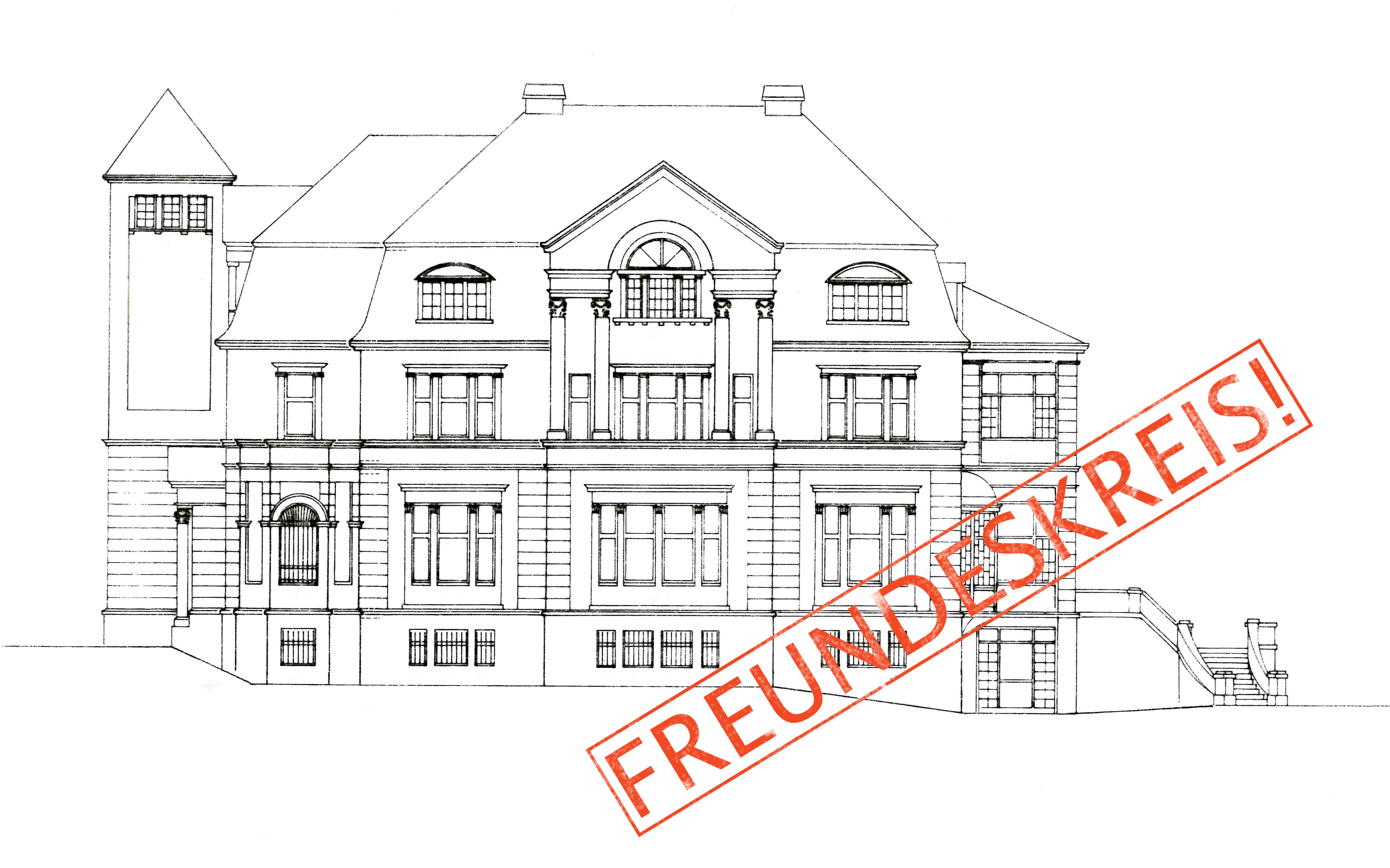 Architekturzeichnung der Villa Linde mit rotem Freundeskreis-Schriftzug