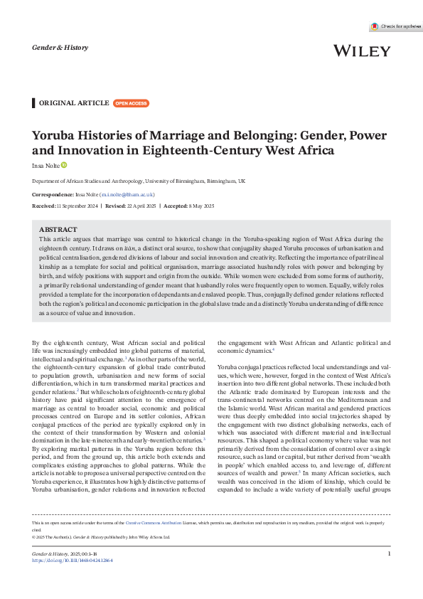Cover von Yoruba Histories of Marriage and Belonging : Gender, Power and Innovation in Eighteenth-Century West Africa