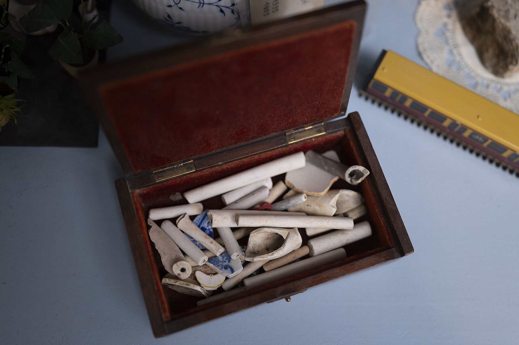 Box containing the remains of historical tobacco pipes