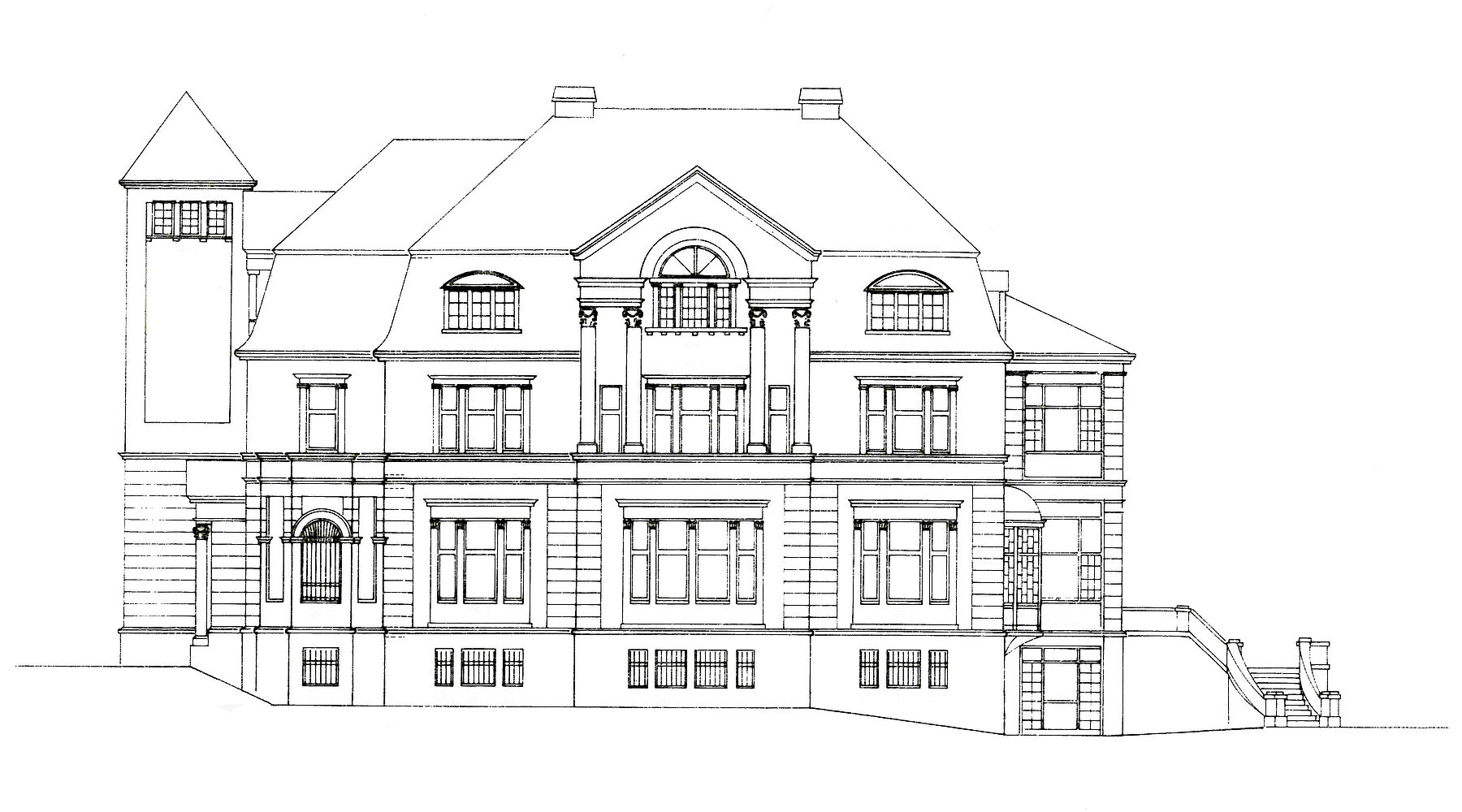 Architektenzeichnung der Villa Linde, Südostfassade, Straßenseite